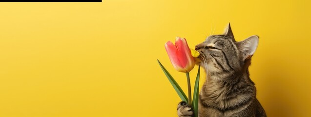 cat and tulips flower - obrazy, fototapety, plakaty