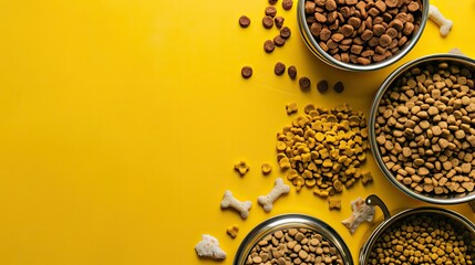 top view pet food, in different styles on top and bottom, yellow background - obrazy, fototapety, plakaty