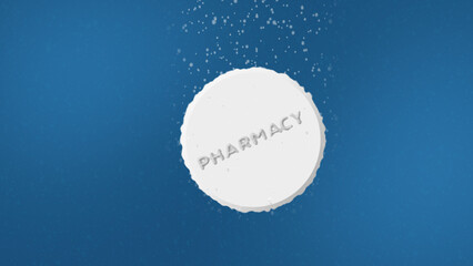 Effervescent Tablet with Pharmacy Text Dissolving in Water