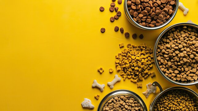 top view pet food, in different styles on top and bottom, yellow background