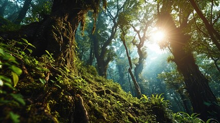 Obraz premium Aerial Elegance Witness the Harmony of Nature in a Mesmerizing Ground to Sky View of the Enchanting Forest Canopy