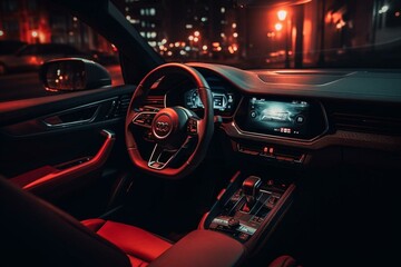 Red-lit car dash at night w/ steering wheel. Generative AI
