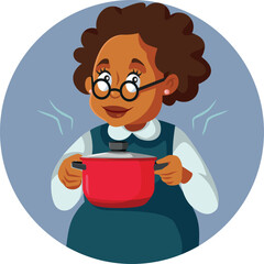 Elderly Cook Holding a Soup Pot Vector Cartoon Character. Senior woman holding a main dish in a cooker recipient 
