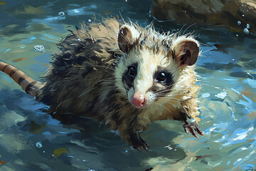 illustration of Opossum in water - obrazy, fototapety, plakaty