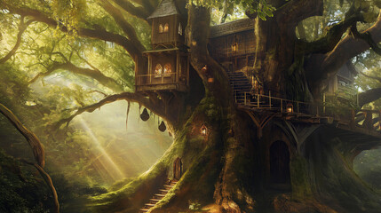 Generative AI, Enchanting Fantasy Tree House in Ancient Forest: A Magical, Multi-Level Architectural Marvel