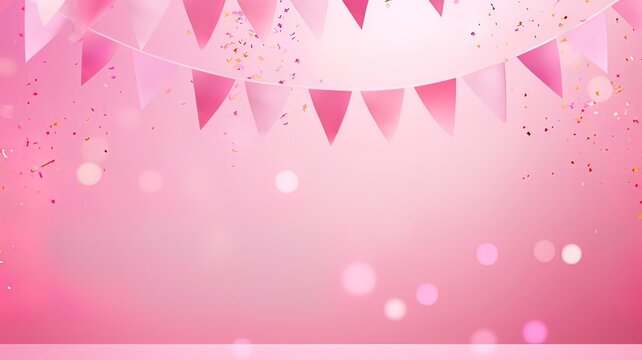 Happy birthday banner. Birthday party flags with confetti on Pink background, HD photo, 8k, realistic