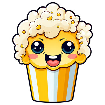 cute kawaii popcorn clipart illustration with transparent background for sticker design