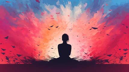 Vector illustration of a woman silhouette sitting in lotus pose on abstract background