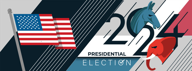 US Presidential Election Banner Background for year 2024. American Election campaign between democrats and republicans. Electoral symbols of both political parties. United States of America USA Flag.