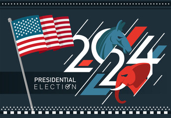 US Presidential Election Banner Background for year 2024. American Election campaign between democrats and republicans. Electoral symbols of both political parties. United States of America USA Flag. - obrazy, fototapety, plakaty
