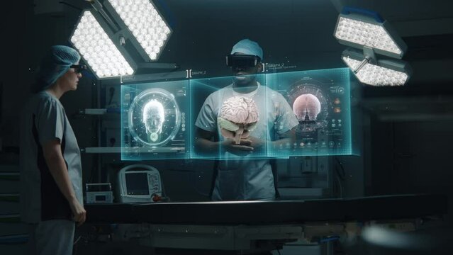 Diverse surgeons in AR headsets work in operating room. African American specialist uses AI virtual holographic display. 3D graphics of health monitors and human brain. Modern medical facilities.