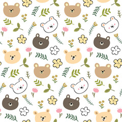 Seamless Pattern with Cartoon Bear Face, Flower and Leaf Design on White Background