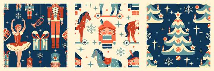 Christmas Nutcracker Ballet aesthetic. Retro collection of seamless patterns. Bright Noel backgrounds, wrapping paper, fabric.