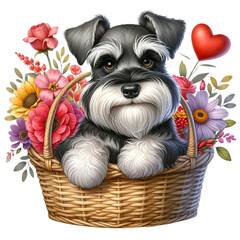 cute valentine dog in flowers basket