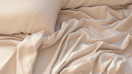 The soft creases of a beige silken bed sheet provide a gentle and luxurious texture in a peaceful...
