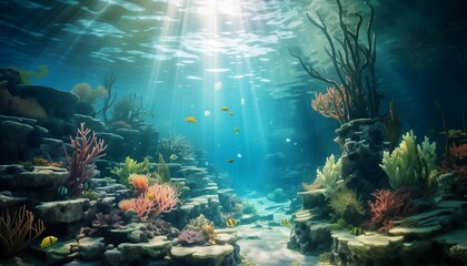 Underwater world with corals and tropical fish. 3D rendering