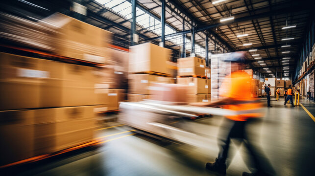 A bustling warehouse scene captured with motion blur, highlighting the dynamic pace of logistics operations.