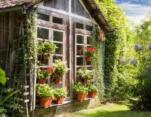 Old wood greenhouse covered in plants and flower pots