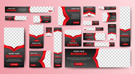 set of corporate web banners of standard size with a place for photos. Editable text. Vertical, horizontal and square template
