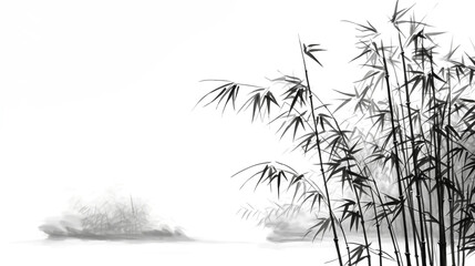 chinese bamboo ink painting, black line art on white background - obrazy, fototapety, plakaty