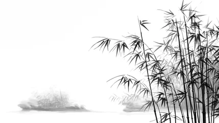 Wandcirkels tuinposter chinese bamboo ink painting, black line art on white background © pasakorn