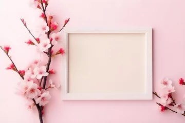 Fotobehang blank frame photo with sakura theme © Massina