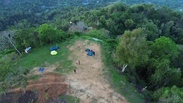 Climber's tent at the top of the mountain. The atmosphere of the camping ground at the top of Mount Arang