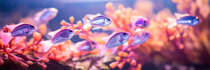 Fototapeta na wymiar A school of tropical fish moving together through the water, surrounded by a mystical ambiance in a dimly lit aquarium.