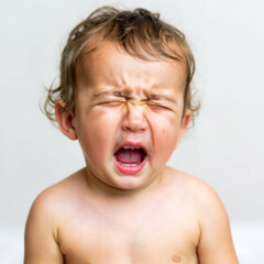 Cute little child is crying on a white background. Сlose-up portrait of a crying baby