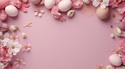 Fototapeta na wymiar A delicate Easter background with a pink hue, featuring spring flowers, eggs, and space for seasonal greetings or creative designs.
