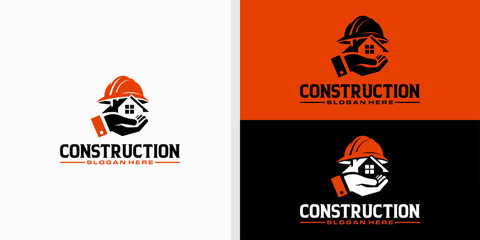 construction logo design with construction workers with tools used vector template