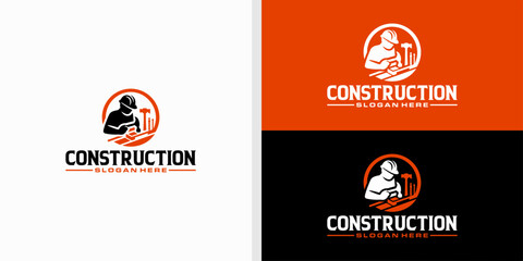 construction logo design with construction workers with tools used vector template