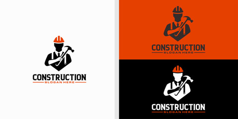 construction logo design with construction workers with tools used vector template