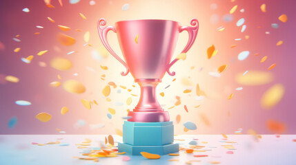 Fototapeta premium 3D rendered pink trophy on a pedestal with flying confetti against a warm backdrop, symbolizing victory.