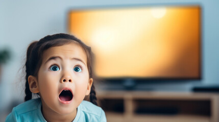 A toddler girl with wide eyes expresses astonishment while looking at a bright, glowing television screen in a modern living room.