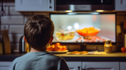 A child stands in a kitchen, attentively watching a cooking show on the television, with a bowl of fruit in the background.
