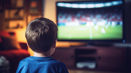 In a cozy living room, a young boy is engrossed in watching a live soccer match on a large...