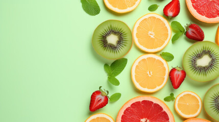 Bright green background adorned with slices of kiwi, lemon, orange, and strawberries with mint leaves.
