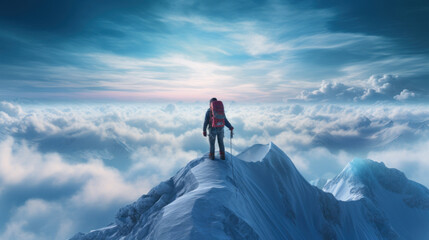 A lone mountaineer stands on the peak above the clouds, witnessing the beauty of sunrise.