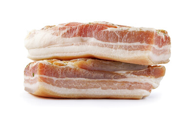 Appetizing salty lard with layers of meat with garlic and herbs. Two pieces of salted lard isolated on a white background.