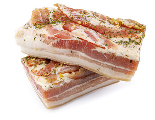 Appetizing salty lard with layers of meat with garlic and herbs. Two pieces of salted lard isolated on a white background.