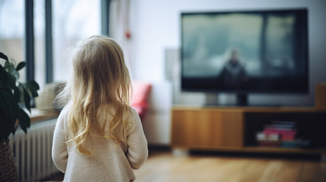 A Young Blonde Girl Seen From Behind, Attentively Watching A Television Screen In A Cozy, Sunlit Living Room Setting.