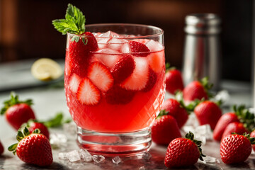Cold strawberry lemonade in a glass with mint leaves and strawberries on the table