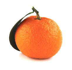 Ripe juicy tangerine isolated on a white background. Organic tangerine with green leaf. Mandarin.