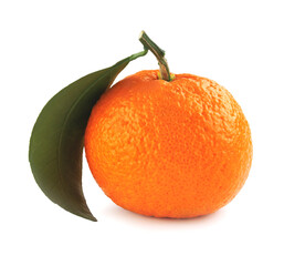 Ripe juicy tangerine isolated on a white background. Organic tangerine with green leaf. Mandarin.