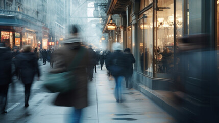 The dynamic pace of city life captured with motion blur of pedestrians on a busy urban street. - obrazy, fototapety, plakaty