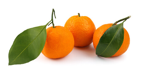 Three tangerines isolated on a white background. Organic tangerine with green leaf. Mandarin.