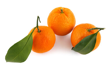 Three tangerines isolated on a white background. Organic tangerine with green leaf. Mandarin.