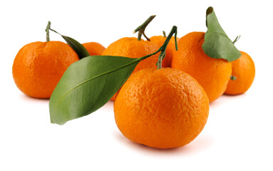 Several ripe tangerines isolated on a white background. Organic tangerine with green leaf. Mandarin.