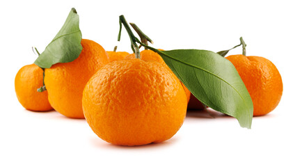 Several ripe tangerines isolated on a white background. Organic tangerine with green leaf. Mandarin.